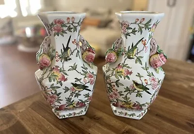 Andrea By Sadek Pair Of Large Ceramic Vases Pink Birds Flowers And Pomegranates • $135