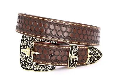 Western Belt Leather Longhorn Belt Gold Coffee Belt Pants 30 Cinto Vaquero Toro • $39.99