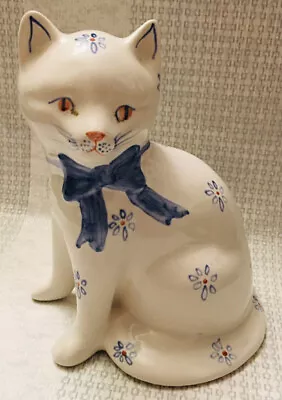 Cat Figurine Vintage Rye Pottery Hand Painted With Blue Bow & Daisies Colletable • £12.99