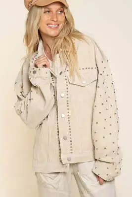 POL Studded Corduroy Button Down Jacket In Cream • $58