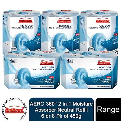 UniBond AERO 360° 2 In 1 Moisture Absorber Neutral Refill - 6 Or 8 Pk Of 450g • £21.49