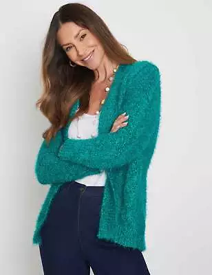 MILLERS Womens Jumper Long Winter Cardigan Cardi Green Sweater - Cabled Chenille • $24.63