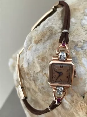 Vintage HAMILTON Art Deco 14k Rose Gold Diamond Ruby Watch • $1595