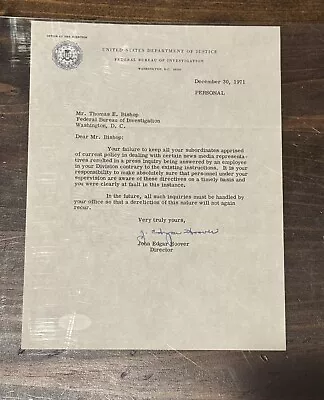 J EDGAR HOOVER FBI SIGNED AUTOGRAPH LETTER PSA/DNA AUTHENTIC! Dated 12/30/1971 • $285