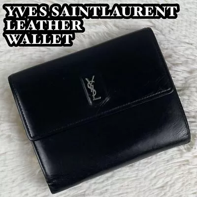 YVES SAINT LAURENT Leather Folding Wallet YSL Clasp Black Vintage ShipFromJAPAN • $387.42