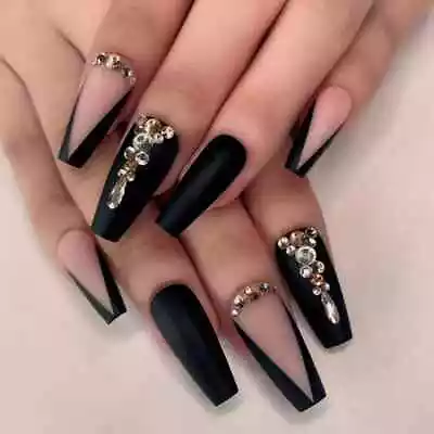 False Nails Long Coffin Luxury Pink Black Rhinestone Matte 24pk + Nailtabs BN340 • £5.99