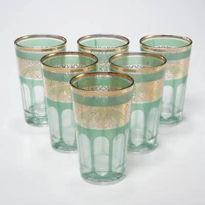 French Parisian Green Gold Wine Water Vtg Cafe Small Drinking Glasses 6pc Set A • $70