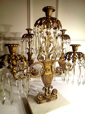 Antique Victorian Girandole Candelabra Marble Brass Crystal Prisms (Set Of 3) • $599