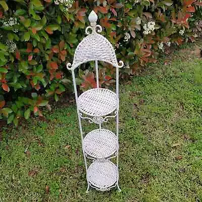 Vintage Wicker White Plant Stand W/ Roof Three Tier 44x8 Inch Patio Garden • $44.50