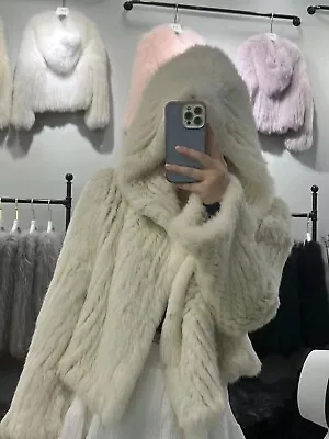 Natural Real Knitted Rabbit Fur Coat With Hood Women Short Style Jacket • $77.02