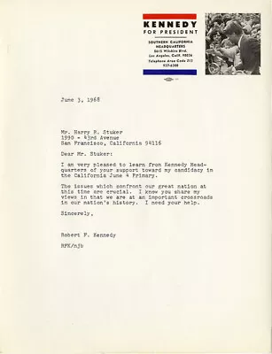 June 1968 Robert Kennedy California Primary Campaign Volunteer Letter (6840) • $28.95