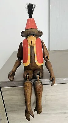 Rare Wooden Bellboy Monkey- Hand Carved - Shelf Sitter & Jointed Monkey • $59