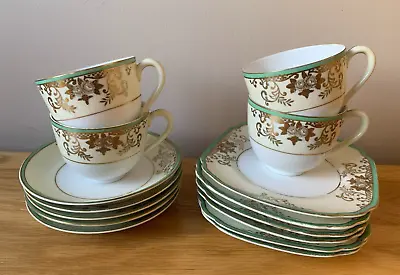 Meito China Trios Tea Cups Saucers Plates Made In Japan Vintage White Gold Green • £36