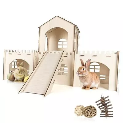 Large Rabbit Castle & Chew Toys - Set Of Wooden Rabbit Hideout With 3 Chew  • $86.98