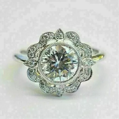 14K White Gold Antique Vintage Filigree Floral Engagement Ring 2 Ct Cubic Zircon • $265.16