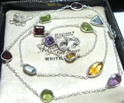 £55 • Buy Sterling Silver Rainbow Gem Stone Bezel Chain Necklace Multi Colour 19  Long