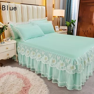 1pc Bedspread 2pcs Pillocases Embroidered Lace Ruffle Bed Skirt Bedding Decor • £57.40