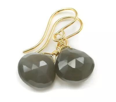 Gray Moonstone Earrings Faceted Grey Teardrops Sterling 14k Solid Yellow Gold • $33