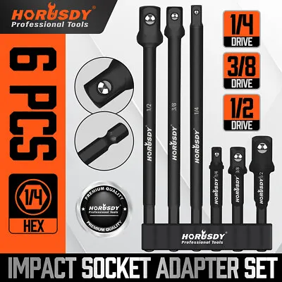 6PC Impact Grade Power Drill Socket Adapter Set 6  Driver 1/4 3/8 1/2 Hex Shank • $9.74