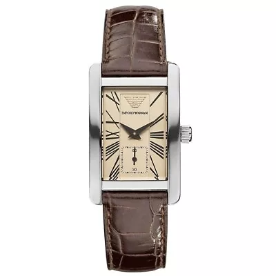 New Emporio Armani Ar0154 Rectangle Brown Leather Strap & Beide Dial Men Watch • £72.83