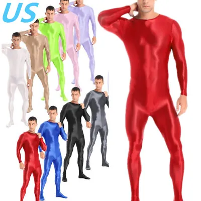 US Men's Shiny Glossy Full Bodysuit Leotard One Piece Stretch Footed Jumpsuit • $7.13
