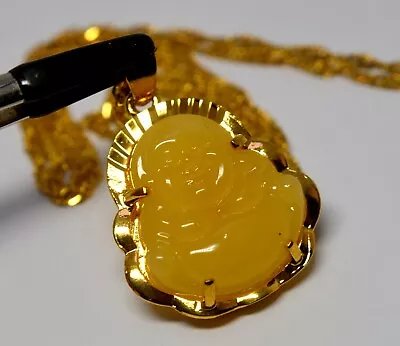 Chinese Vtg Lavender Yellow Jade Carved Mineral Stone Buddhe Pendant Necklace • $3.25