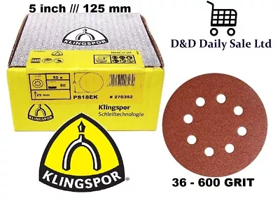 £24.89 • Buy 125 Mm Sanding Discs / Hook&Loop 8 Hole Pads 5'' KLINGSPOR 36 - 600 GRIT 5 Inch