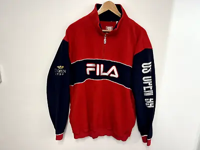 FILA US OPEN 1999 Red/Blue Fleece 1/4 Zip Sweater Large Vintage Tennis NYC RARE • $59.99