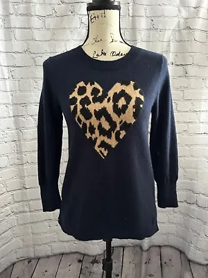 J. Crew Blue 100% Cashmere Leopard Heart Pullover Sweater Size Small • $31.99