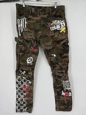 Smoke Rise Cargo Jeans Mens Size 36/32 Distressed Camo Paint Graffiti • $54.99