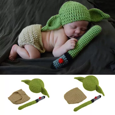 NewBorn Baby Yoda Mandalorian Handmade Knitted Star War Outfit Hat Costume Props • £10.99