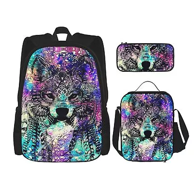 Galaxy Wolf Animals Kids Large School Backpack Insulated Lunch Bag Pen Bag Lot • $28.58