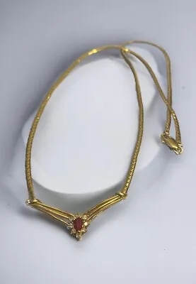 Vintage Estate 14K Solid Gold Pear Cut Ruby And Diamond Halo “V” Shape Necklace! • $1298