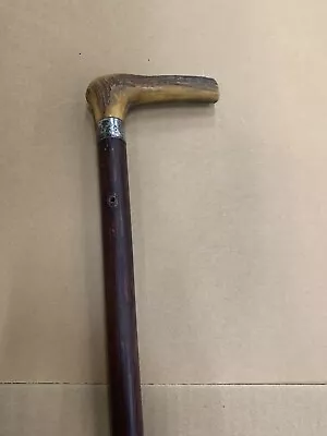 Vintage Engraved Stag Antler Handle Oak Walking Cane Silver “M G” Monogram • $100