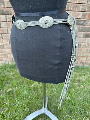 Vintage Western Concho Belt Gray Suede Leather Fringe Tie Beaded Southwestern • $29