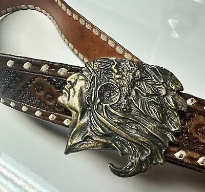 Western Leather Belt Intricately Tooled Symbols Native American Buckle Size 38 • $45