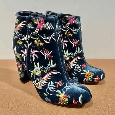 Liliana Women Floral Embroidered Blue Velvet Ankle Boots 6 US • $25