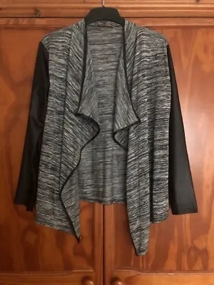 Ladies Black/Grey Marl Waterfall Cardigan With Leather Look Sleeves & Edging M/L • £4