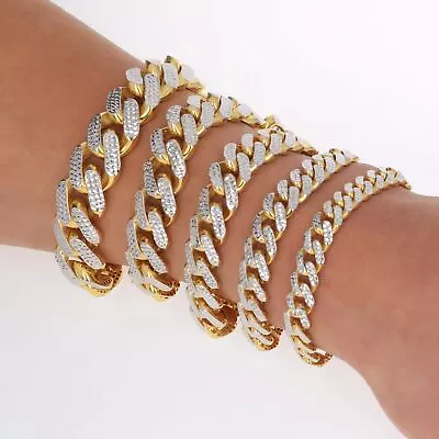 10K Yellow Gold Monaco Miami Cuban Pave Diamond Cut Chain Bracelet 7.5mm- 17mm • $483.99