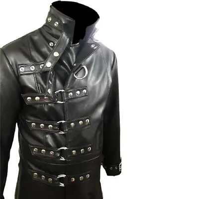 Mens Genuine Black Leather Steampunk Goth Rave Festival Coat • $122.27