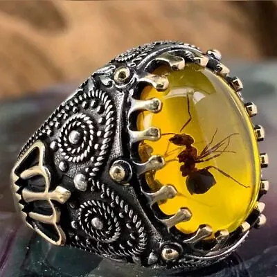 Retro Men Rings - Big Oval Natural Agate Stone Inlaid Yellow Red Zircon Ant Ring • $17.82