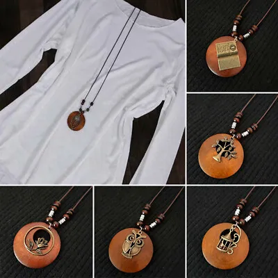 Boho Long Sweater Chain Retro Wooden Beads Pendant Necklace Women Jewelry Gifts • $4.17