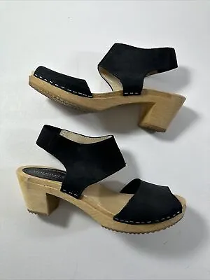 Moheda Leather Wooden Black Open Toe Shoes Clogs Made In Sweden Sz EU 39 Womens • $35