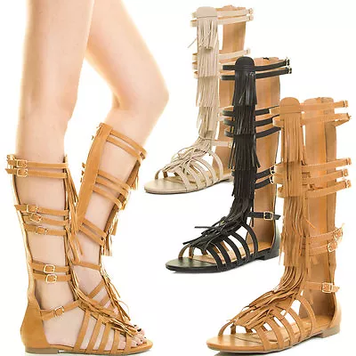 Women Fringe Gladiator Flat Sandal Strappy Cage Mid Calf Tall Knee High Open Toe • $29.99