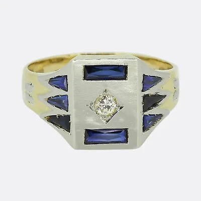 Art Deco Sapphire And Diamond Signet Ring - 18ct Yellow Gold & Platinum • £3350