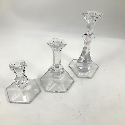 Set Of 3 Vintage VAL ST LAMBERT Crystal Candlesticks 9 7  5  Signed Hexagon Base • $54.71