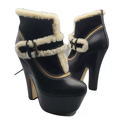 Dsquared Women  Ankle Boot Heel Platform Black Leather  Faux Fur Size 9 39 New • $349