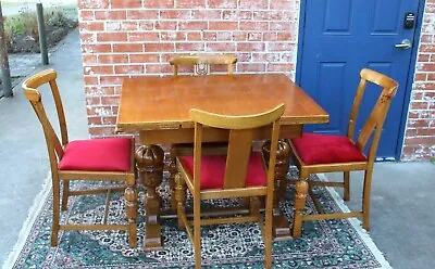 English Antique Oak Art Deco Draw Leaf Table And 4 Chairs  | Dining Sets • $2400