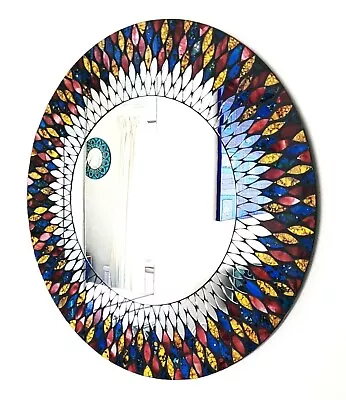 Round Blue & Yellow Peacock Design Mosaic Wall Mirror 60cm-hand Made In Bali-NEW • $59.73