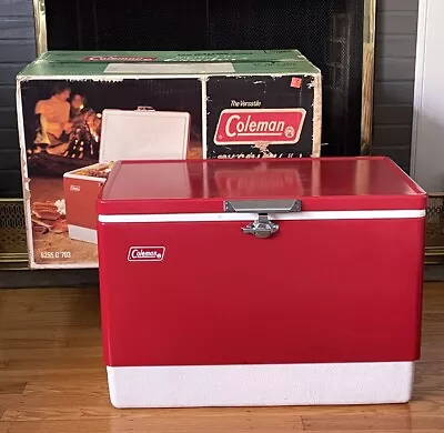 VTG ‘79 Coleman #5255 Red Snow-Lite 13 1/2 Gallon Cooler W Box & Tray LOCAL P.UP • $149.99